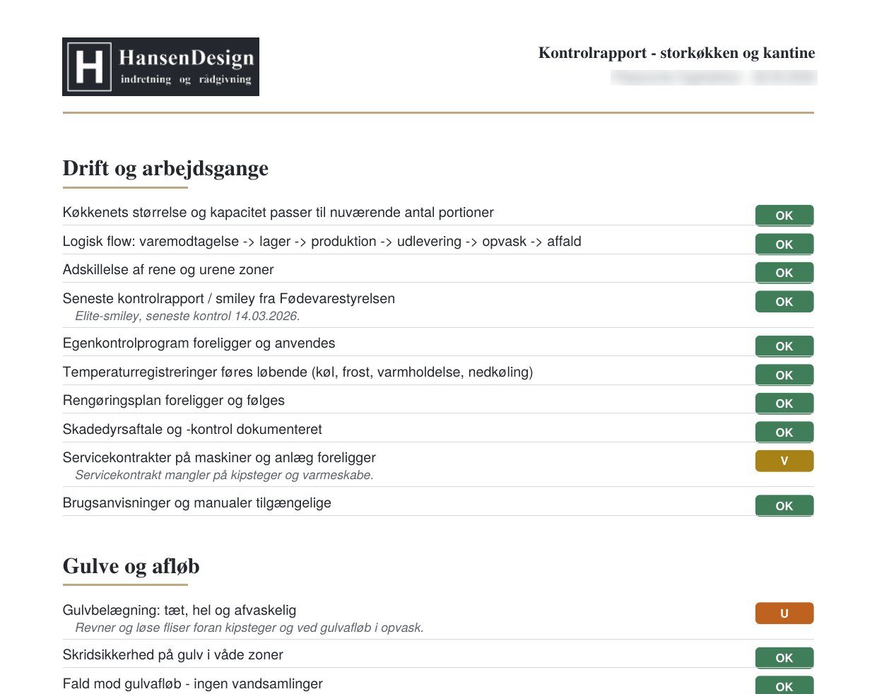 Side fra tilstandsrapporten med kontrolpunkter og vurderinger